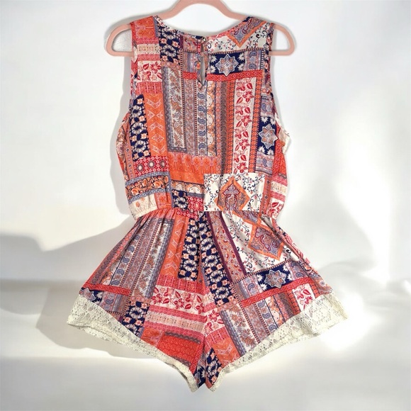 Les Amis Colorful Patchwork Bohemian Sleeveless Romper Large USA Made Lace Hem - Picture 2 of 8